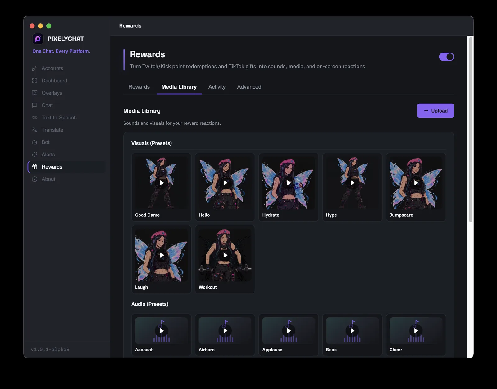 PixelyChat Rewards Media Library tab for uploading custom sounds and visuals for reward reactions