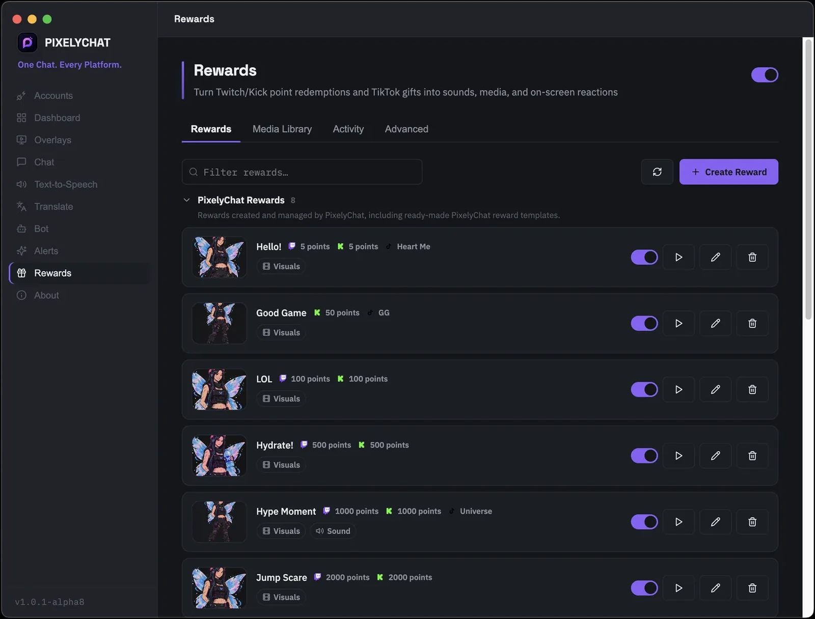 PixelyChat Rewards tab listing custom Channel Point and TikTok gift rewards with visual and sound reactions