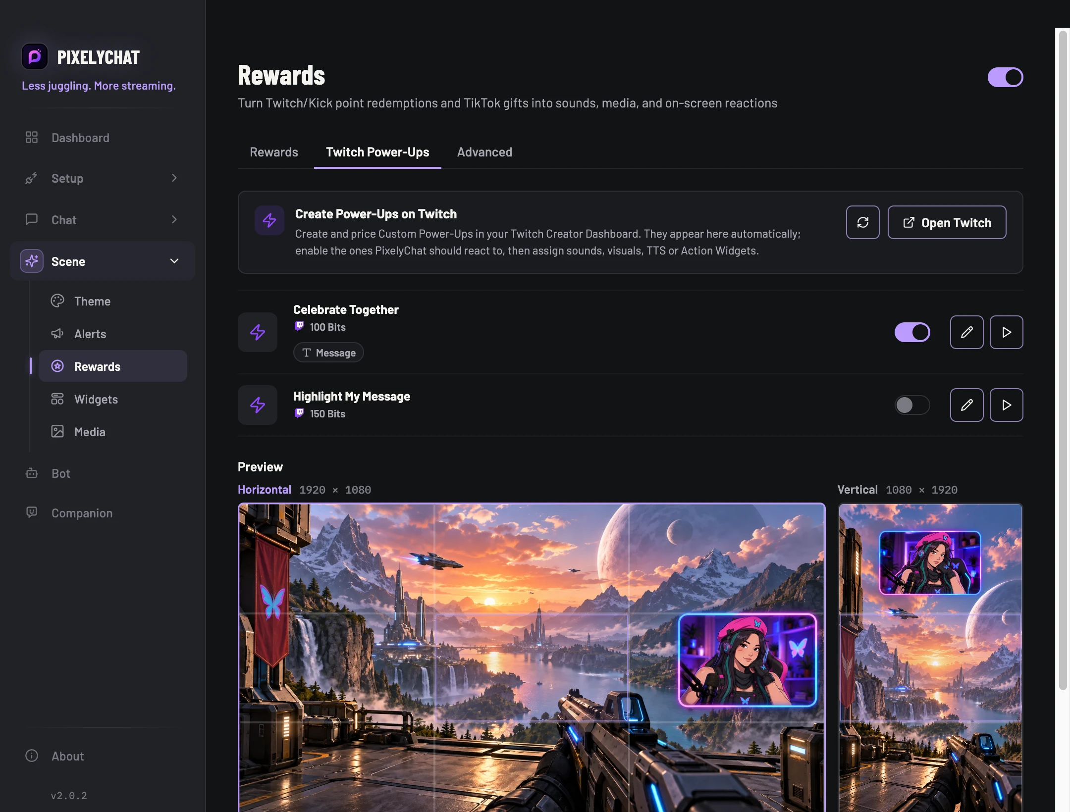 Twitch Power-Ups settings