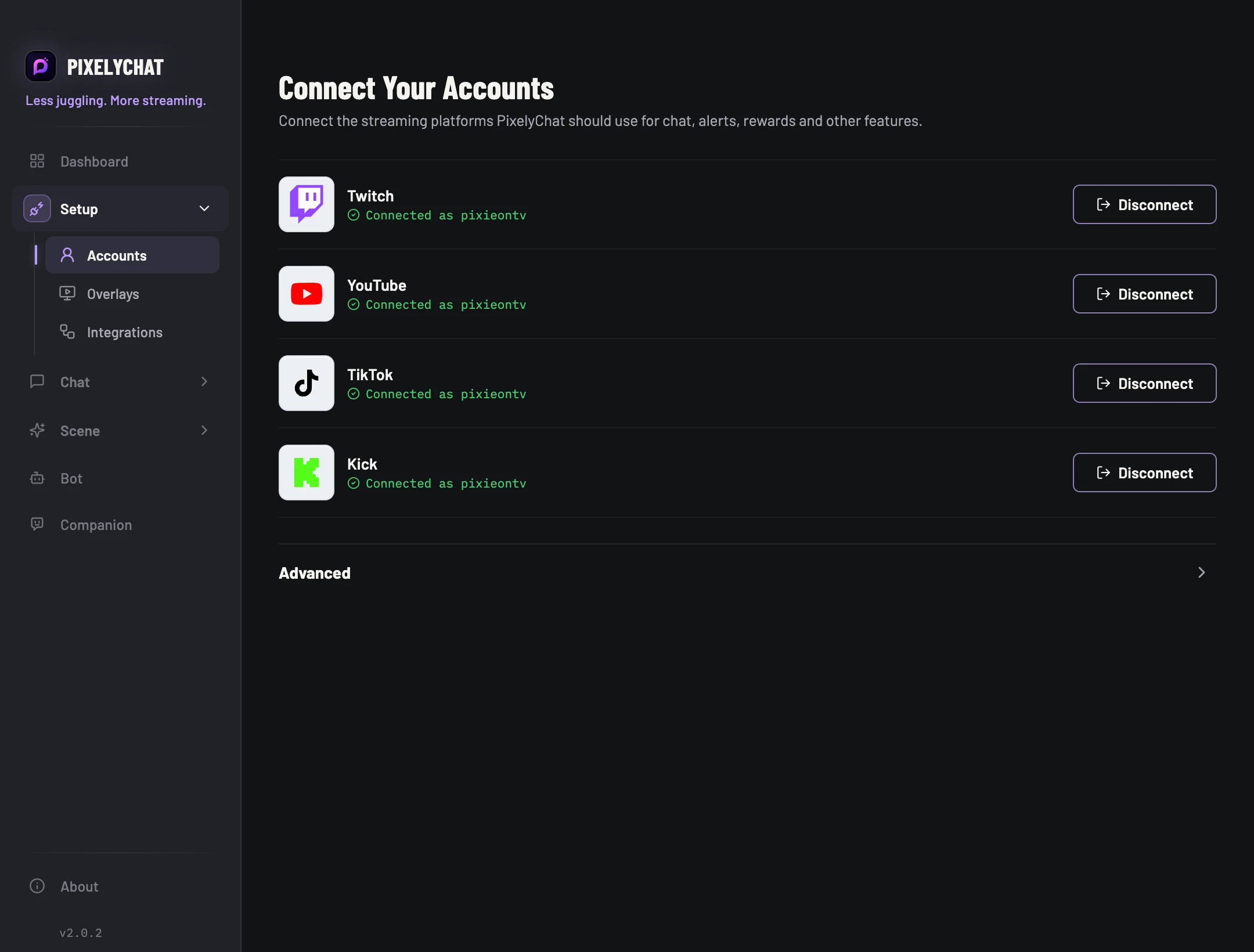Accounts screen showing the connection controls for each streaming platform