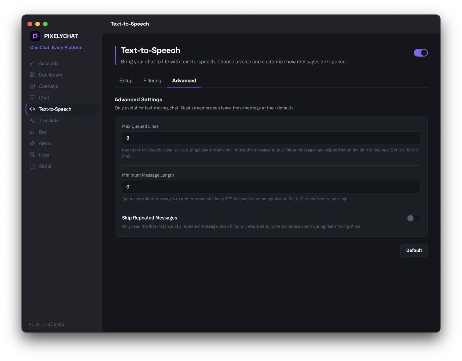 PixelyChat Text-to-Speech Advanced tab showing max queued lines and minimum message length
