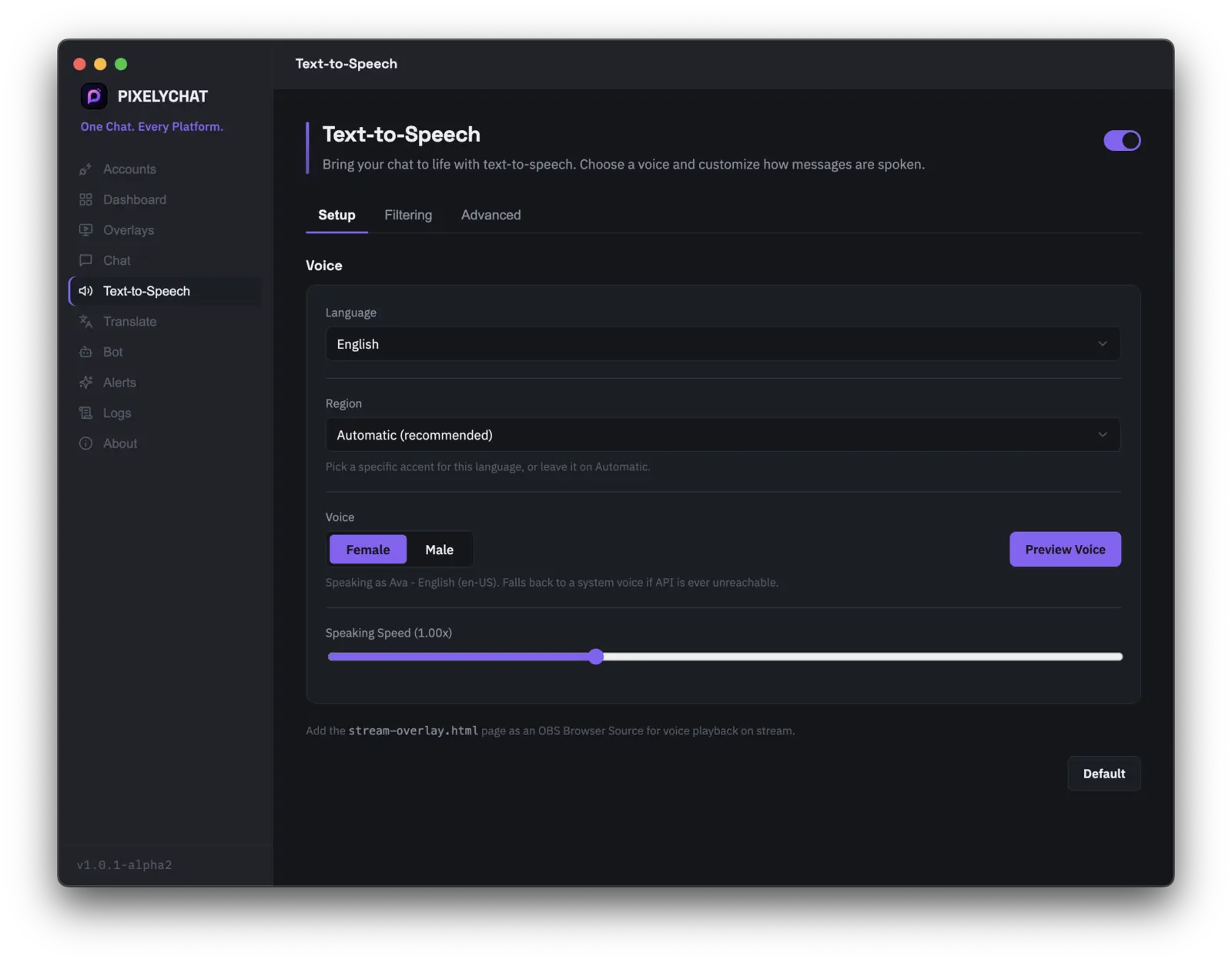 PixelyChat TTS settings