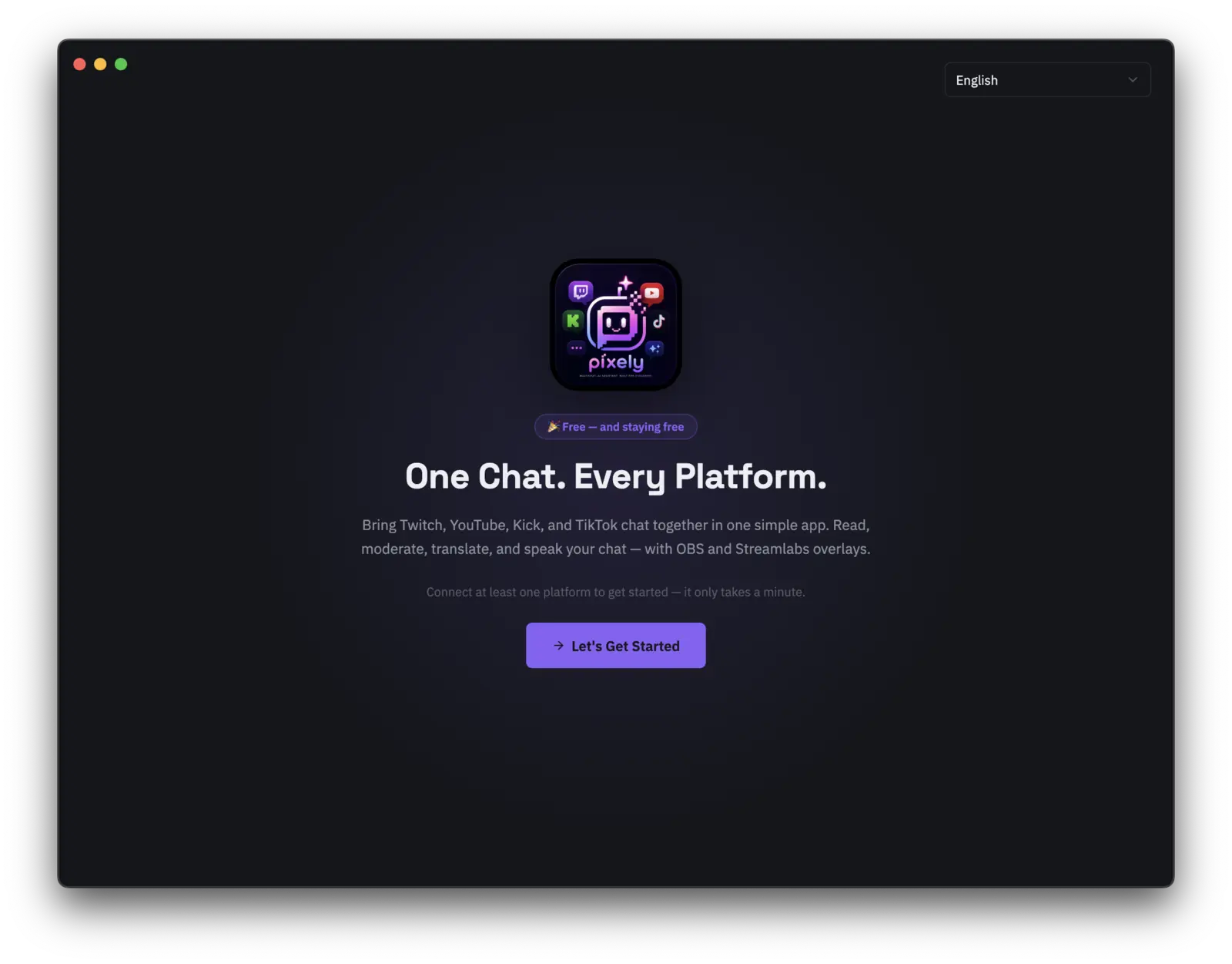 PixelyChat welcome screen