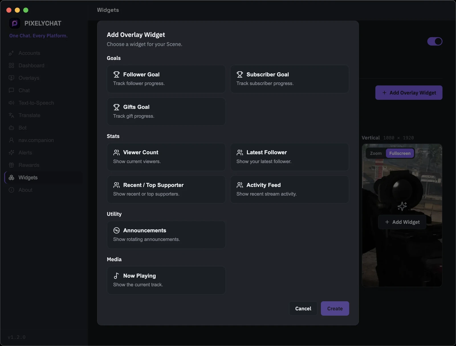 PixelyChat Widgets page with follower, subscriber and gift goals, live statistics, activity feed, announcements and Now Playing
