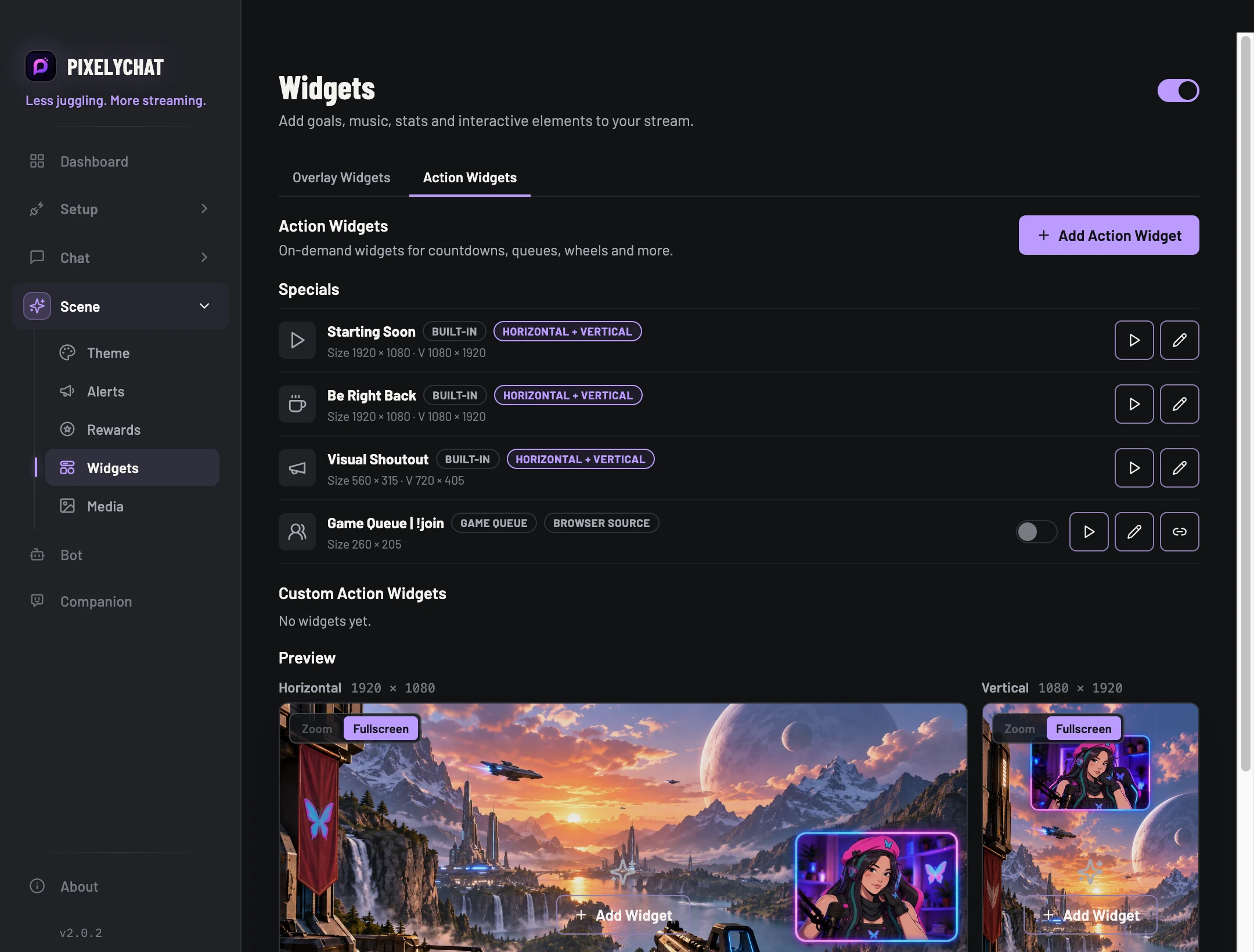 Action Widgets in PixelyChat