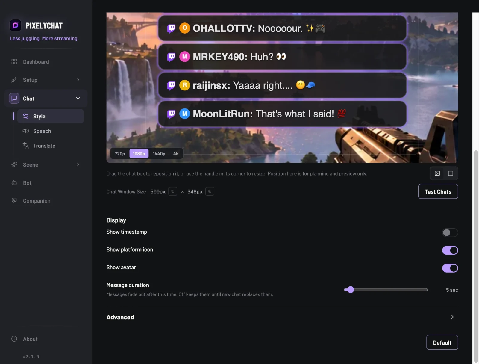 Chat settings with the new Message duration option
