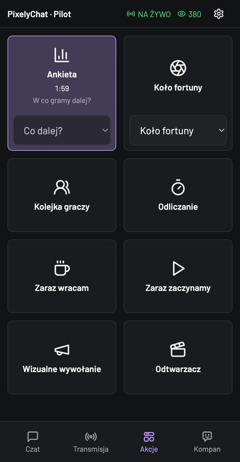 Widżety akcji · Pilot