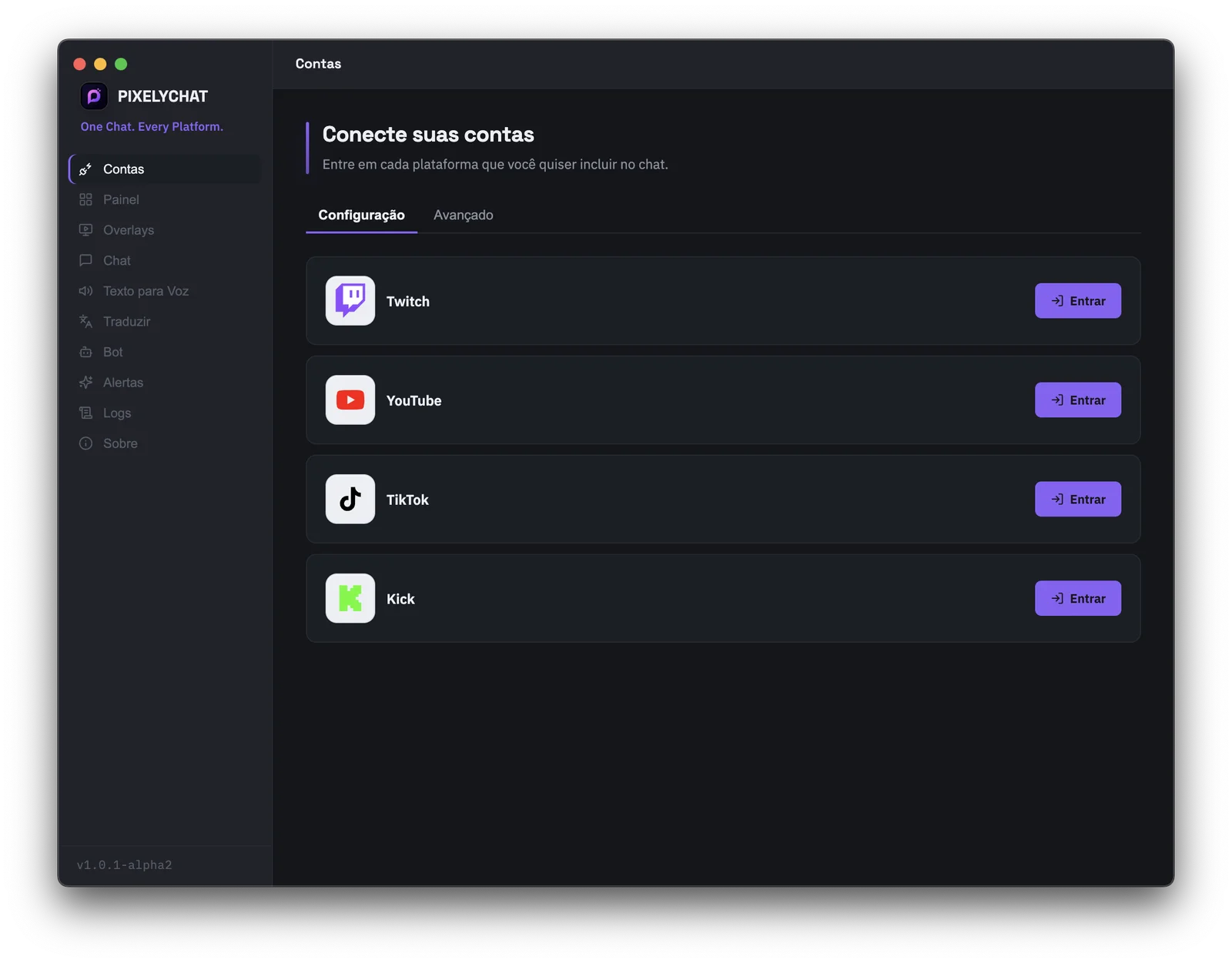 Conectando contas da Twitch, YouTube, Kick e TikTok no PixelyChat