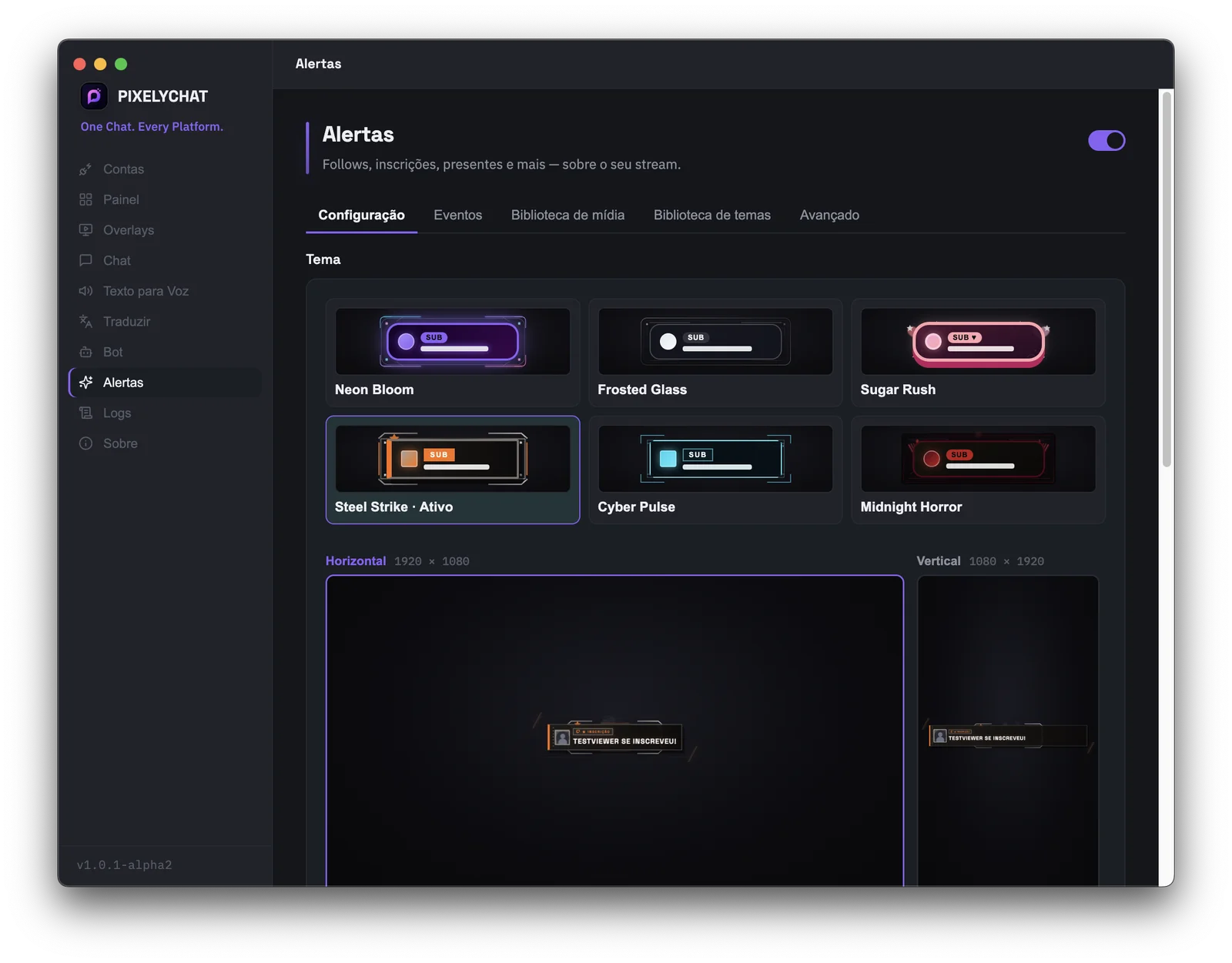 Configuração de alertas do PixelyChat com alertas de eventos na tela personalizados para Twitch, YouTube, Kick e TikTok