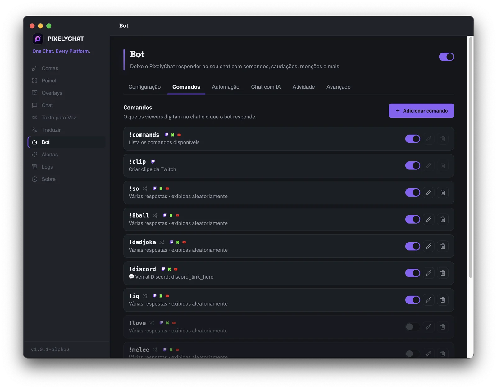 Editor de comandos personalizados do chatbot do PixelyChat para Twitch, Kick e YouTube