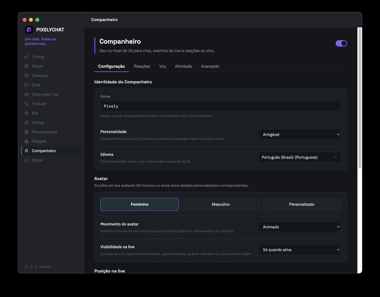Configuração do PixelyChat Companion com identidade do coapresentador IA, personalidade, voz e avatar 2D