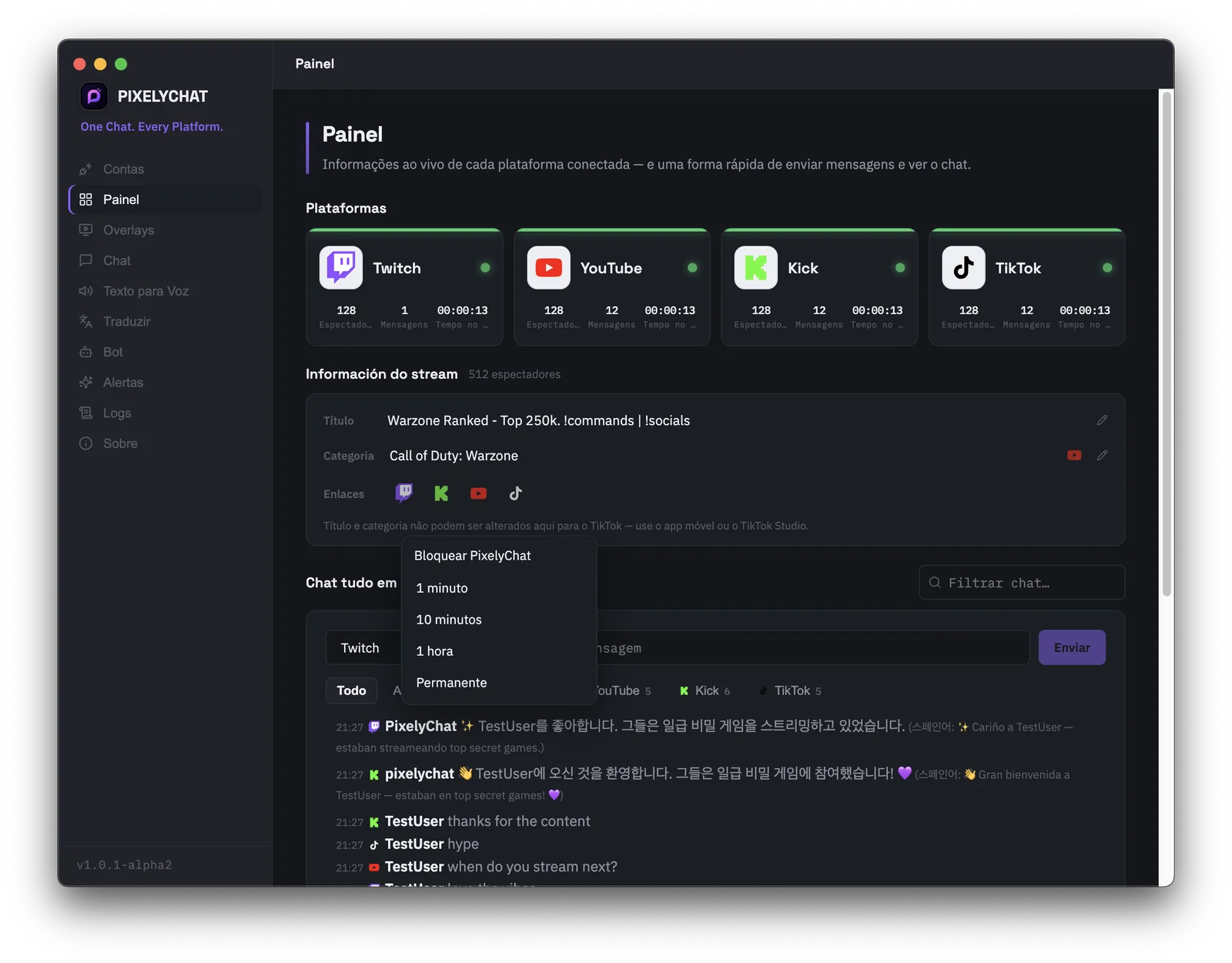 Dashboard do PixelyChat com ferramentas de administração rápida para excluir mensagens, bloquear usuários e editar título e categoria da live