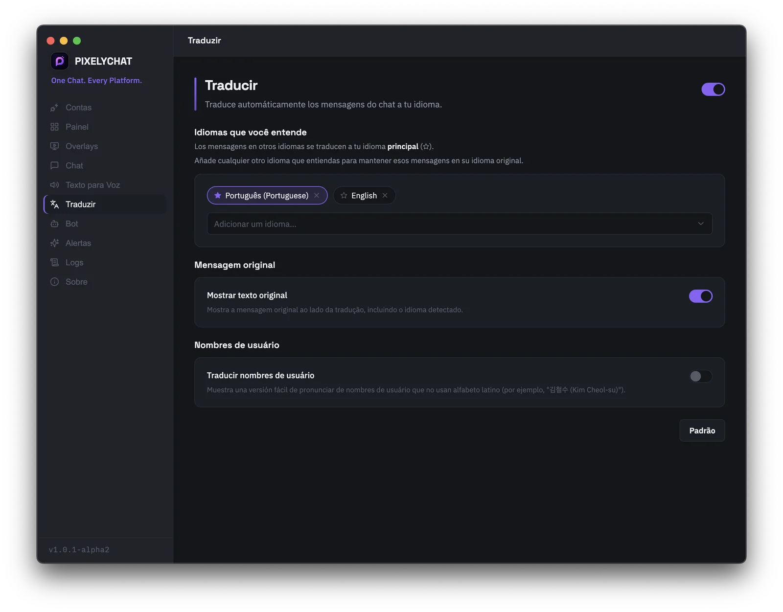 Configurações de tradução de chat ao vivo no PixelyChat
