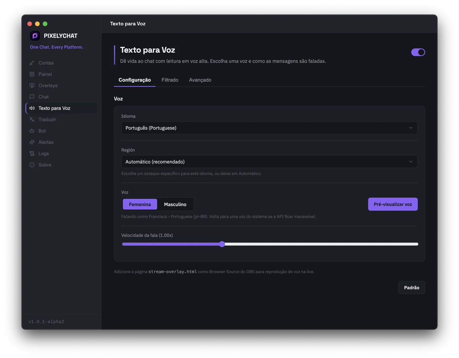 Configurações de texto para voz (TTS) para ler o chat da live em voz alta no PixelyChat