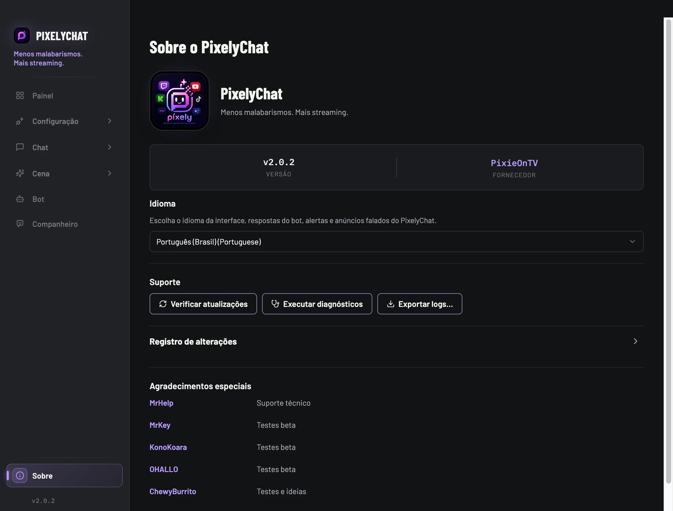 Página Sobre o PixelyChat