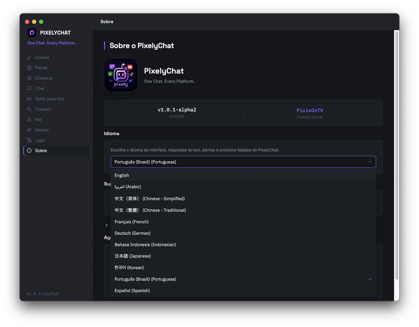 Página Sobre do PixelyChat com o menu de idioma da interface aberto, mostrando os 11 idiomas suportados