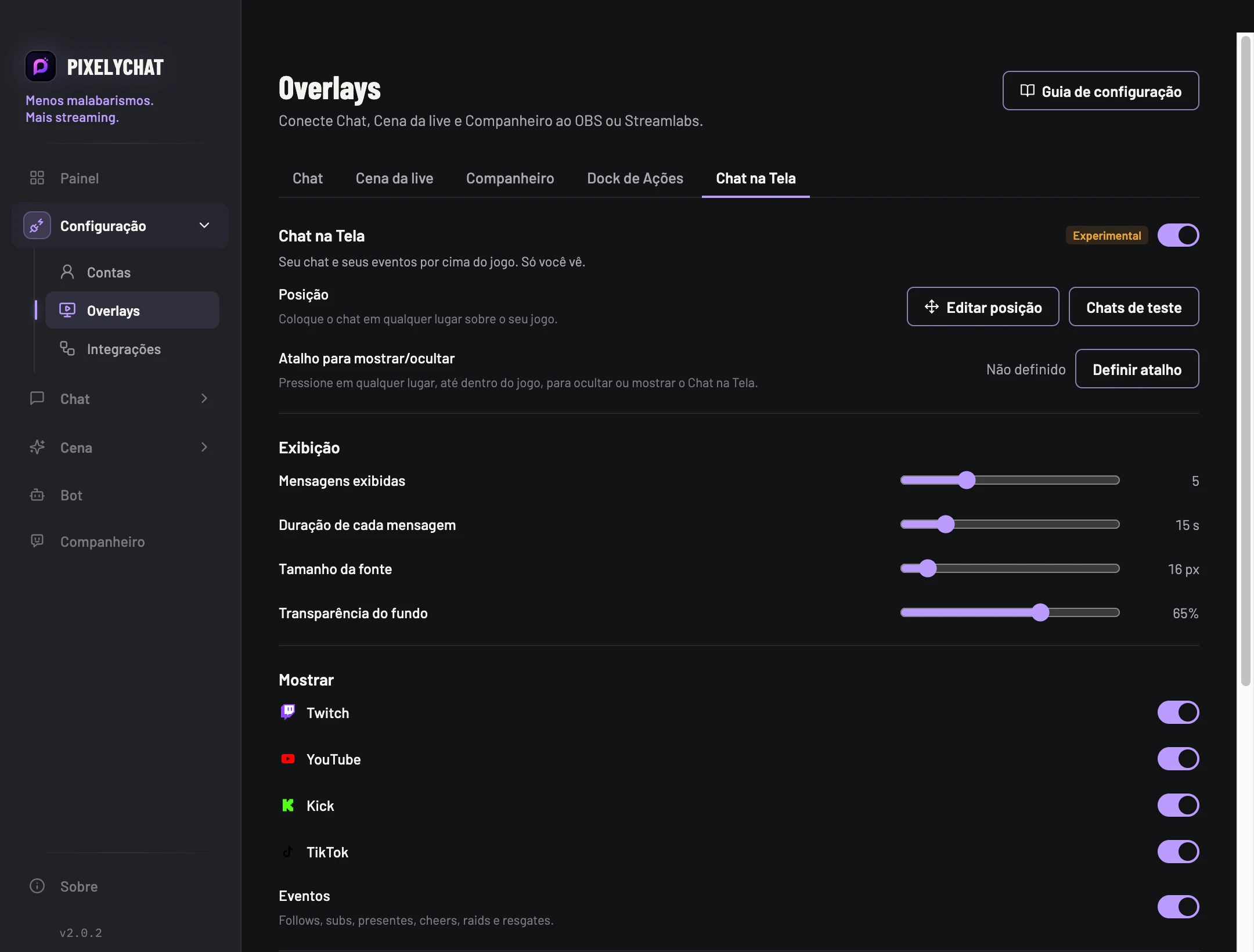 Configurações do Chat na Tela no PixelyChat