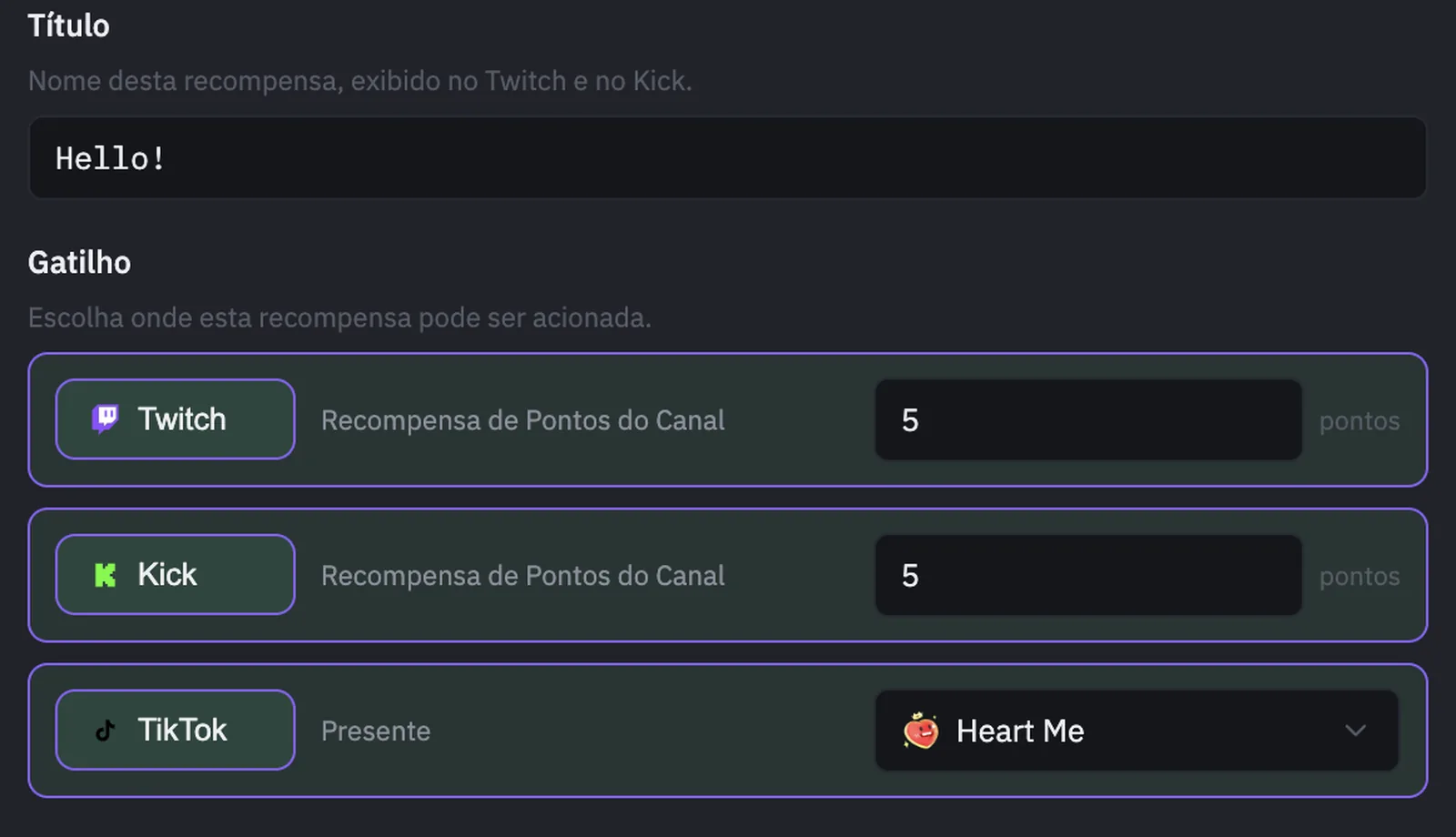 Configuração de gatilhos de recompensa do PixelyChat vinculando um presente do TikTok ao lado dos custos de Channel Points da Twitch e Kick