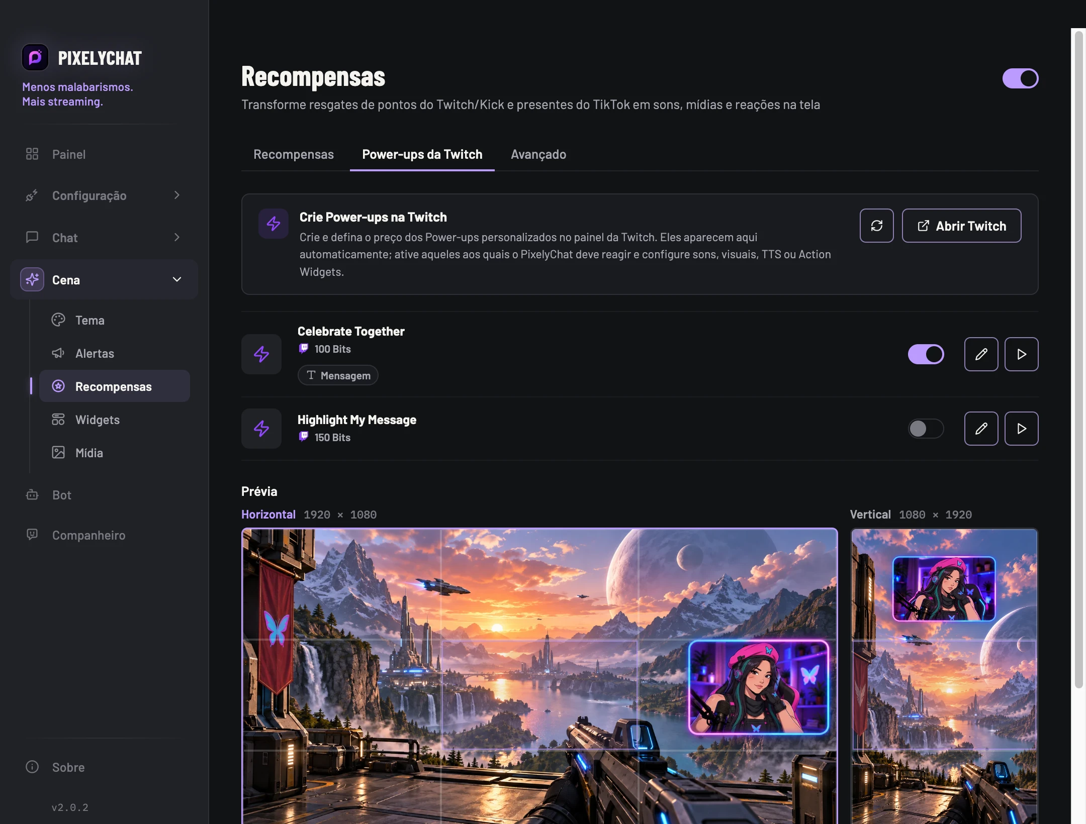 Configurações de Twitch Power-Ups