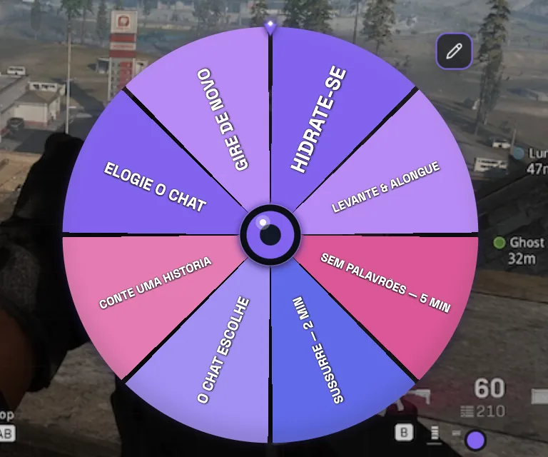 Spin Wheel do PixelyChat com roleta interativa colorida para desafios da live