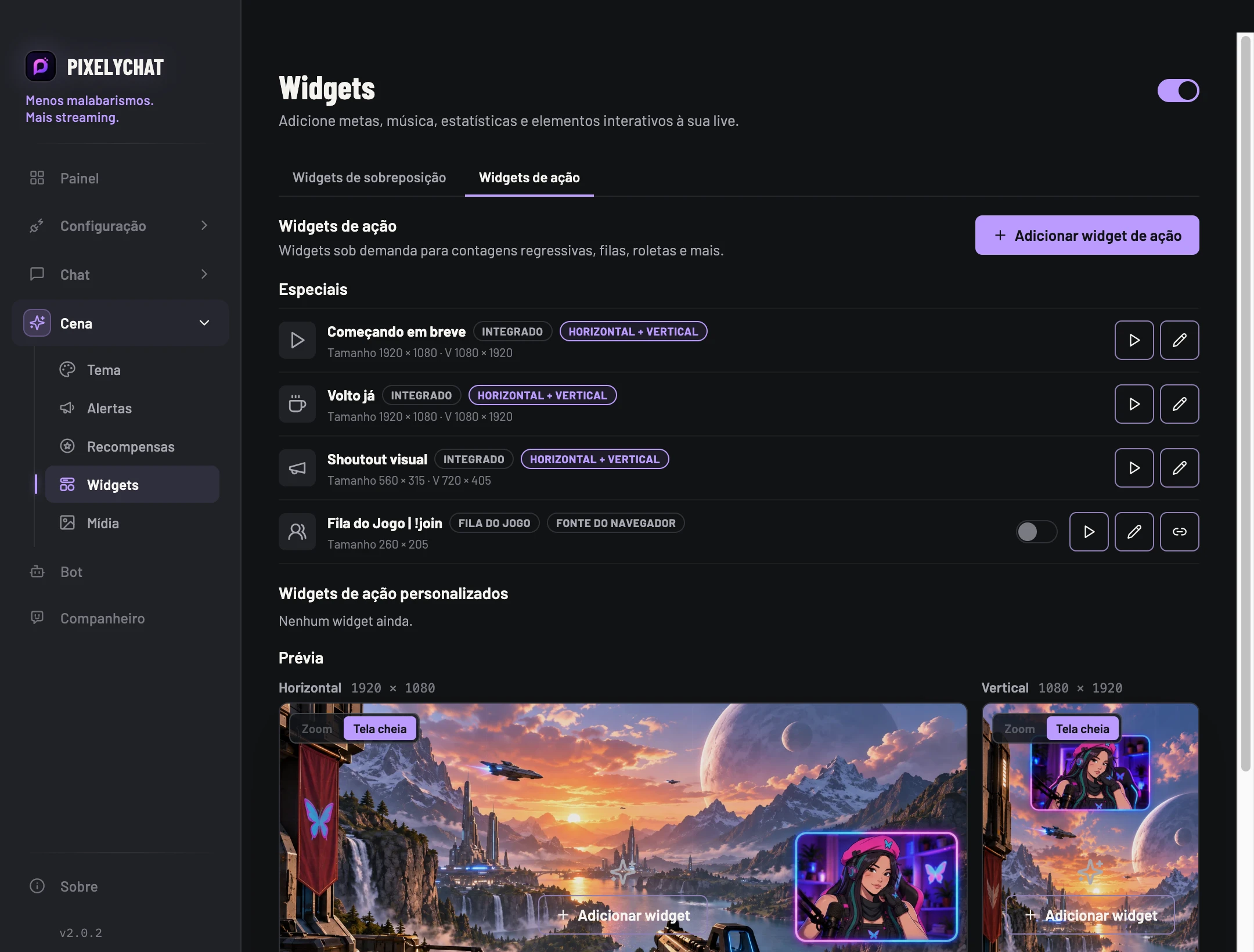 Widgets de ação no PixelyChat