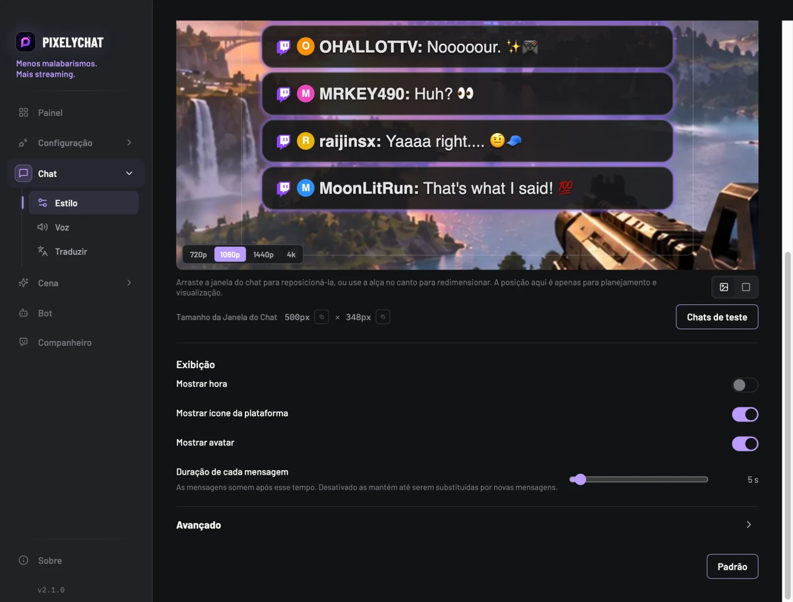 Configurações do chat com a nova opção Duração de cada mensagem